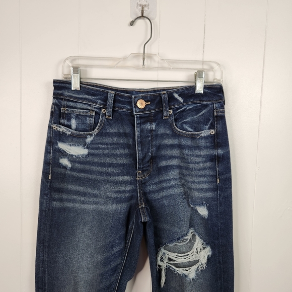 American Eagle AEO Dark Wash Tomgirl Jeans Stretch Cropped Frayed Button Fly 4 - Picture 6 of 13